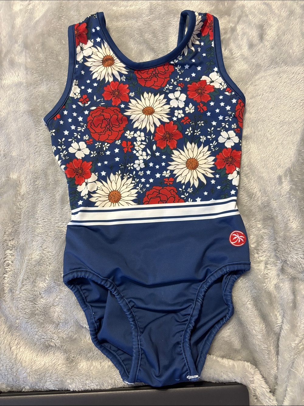 Reversible Girls Navy Floral Leotard with Red and White Accents